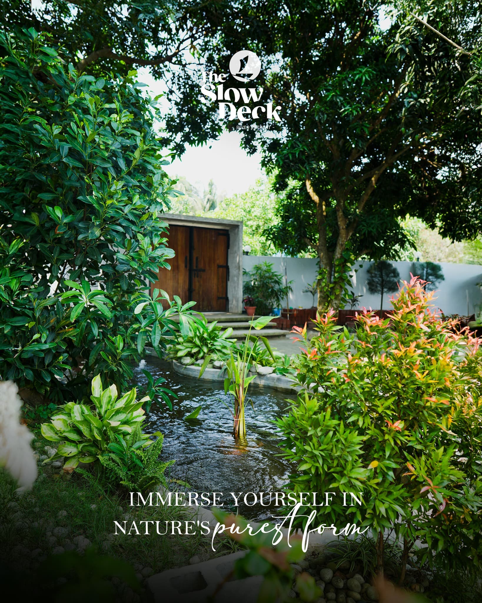 Lush garden, pond, and wooden doors among trees at the Slow Deck River Retreat.