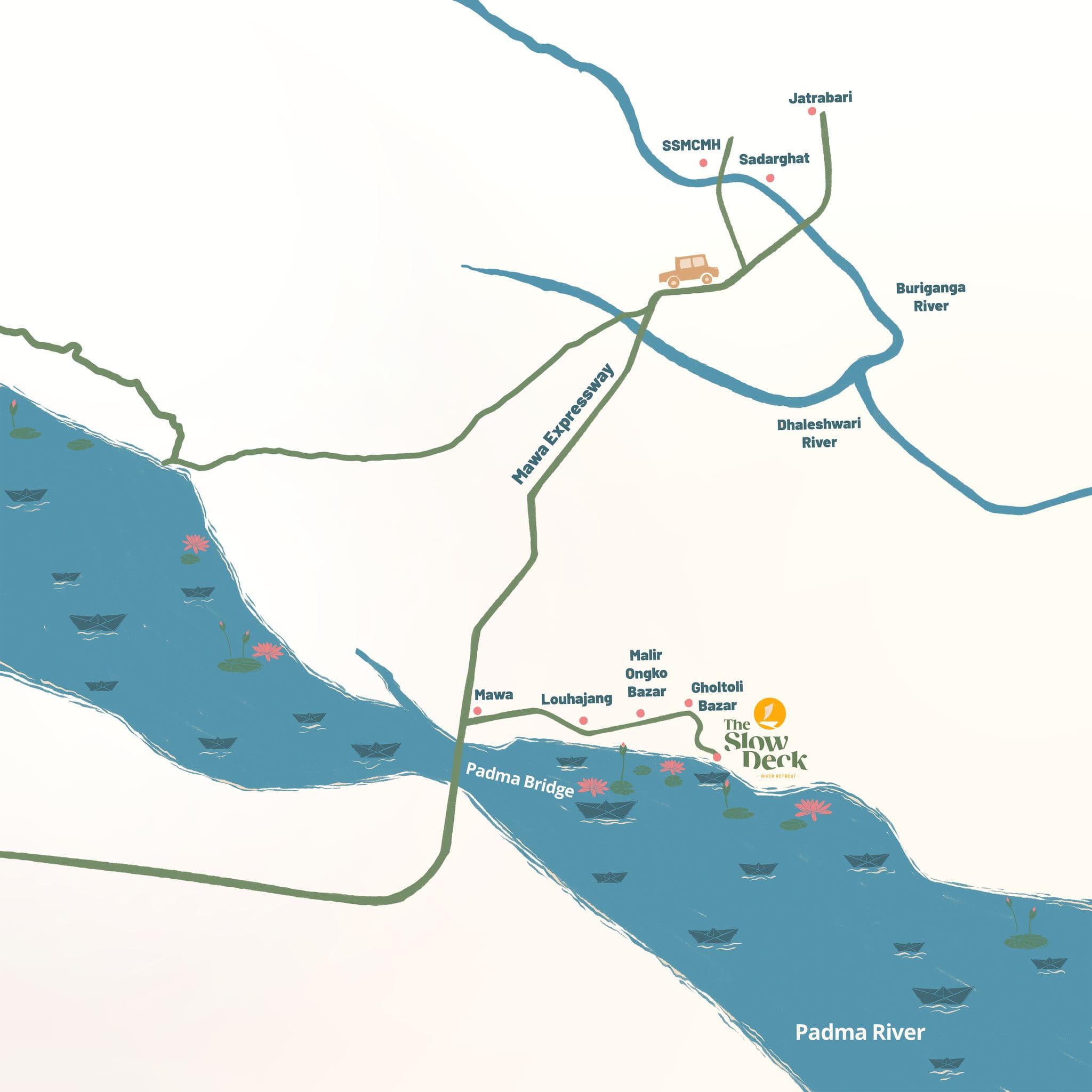 Illustrated map from Dhaka through Padma Bridge and Mawa to the Slow Deck near Gholtoli Bazar.